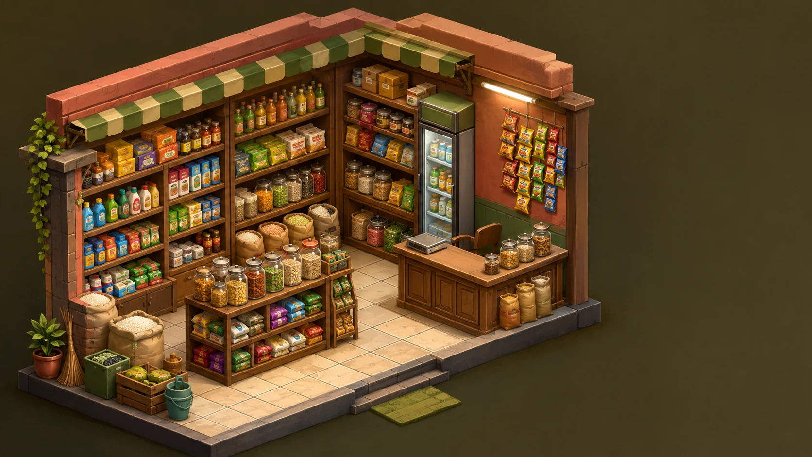 A warm isometric neighborhood kirana store filled with groceries